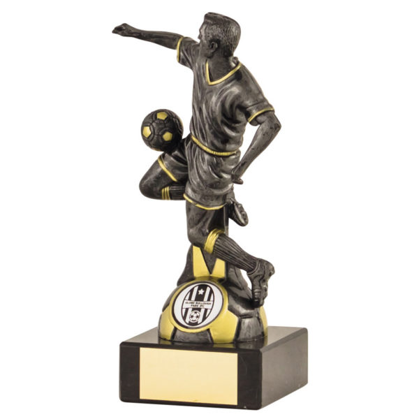 Male Football Action Figurine in Dark Antique Silver/Gold mounted on a heavy marble base 20cm