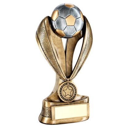 Brz/Pew/Gold Football And Boot On Medal/Ribbon Riser Trophy - 12In