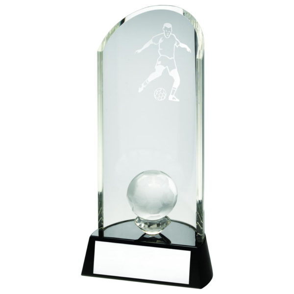 Clear Glass Football Lasered Curve Column And Ball On Black Base Trophy - 7.5In