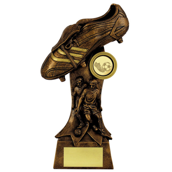 Resin Football Boot with Male Figures on Stem Award in Two Tone Antique Gold 21cm